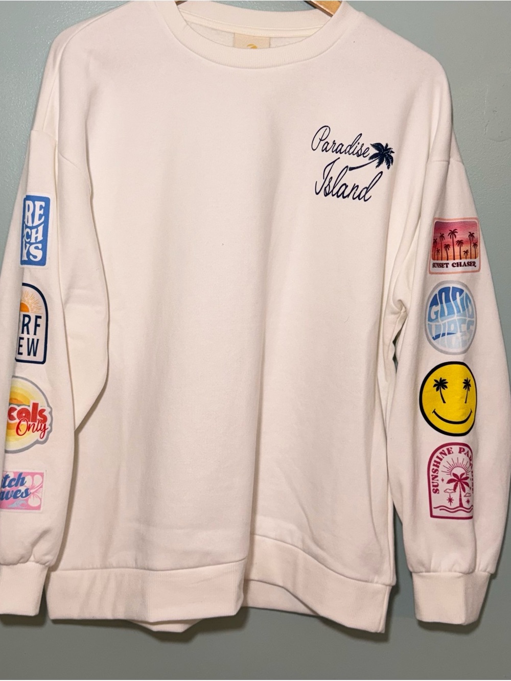 Ocean Drive White Crewneck Sweatshirt with Multicolor Sleeve Patches